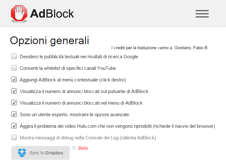 AdBlock - Pannello di opzioni