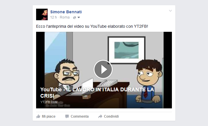 Facebook - Anteprima di un link a un video ospitato da YouTube ed elaborato con YT2FB