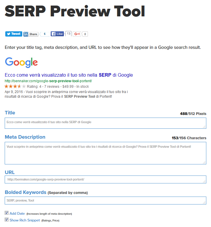 SERP Preview Tool - Anteprima dello snippet su Google