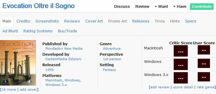 MobyGames - Evocation - Oltre il sogno