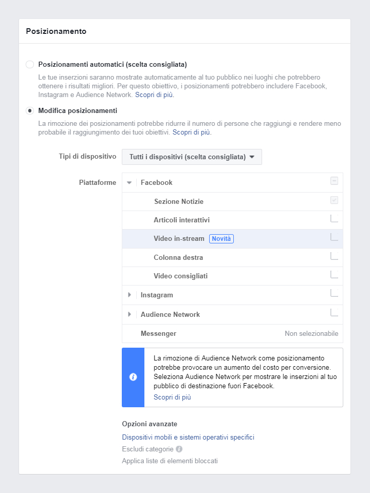 Facebook Business Manager - Posizionamento