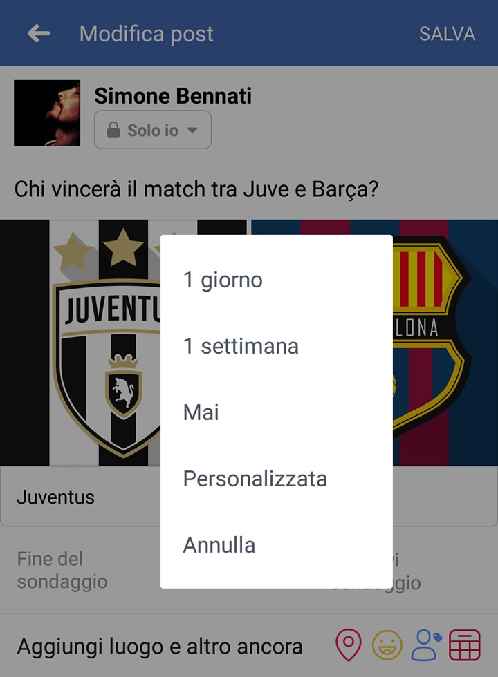 Facebook - Imposta durata