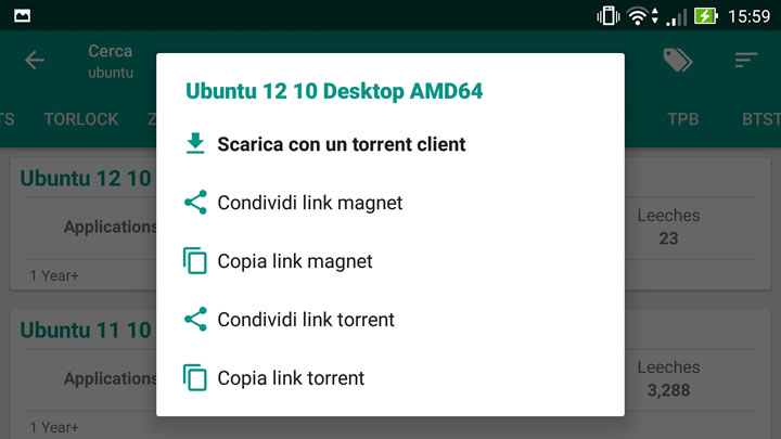 Torrent Search Engine - Opzioni di download