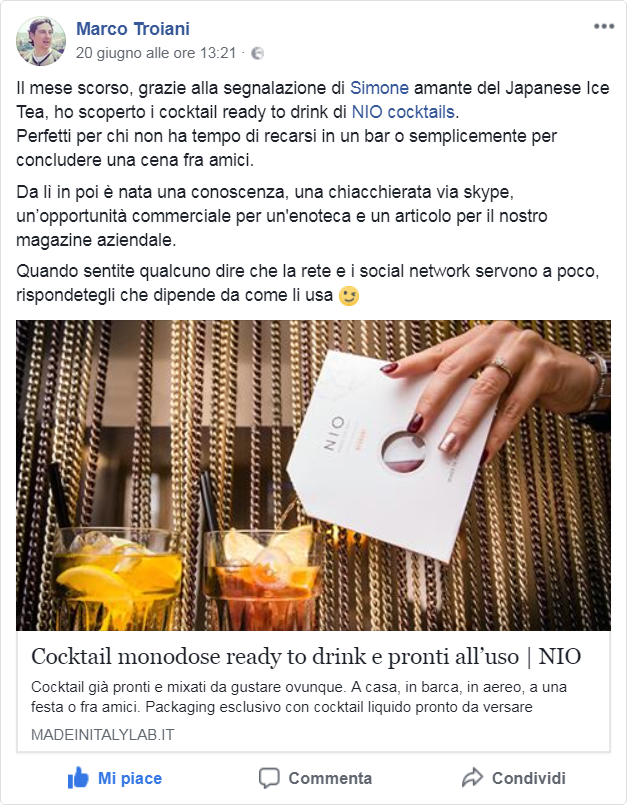 Post su Facebook di Marco Troiani