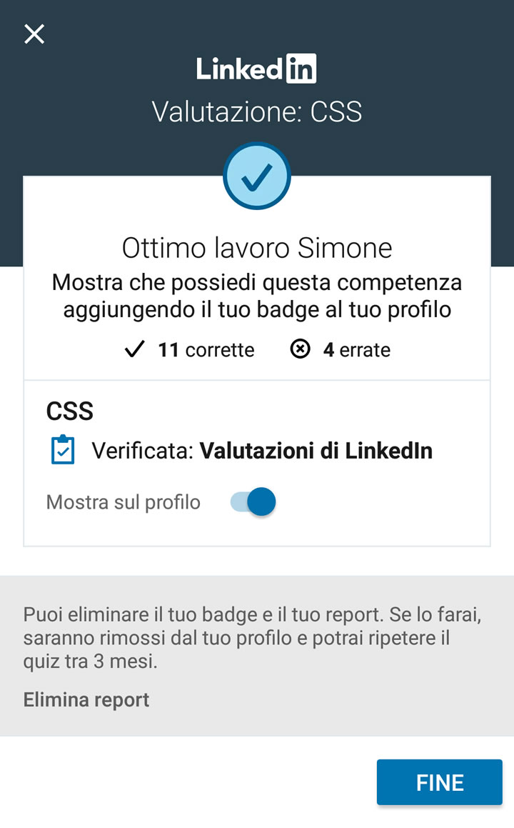 Quiz di LinkedIn - Risultato finale