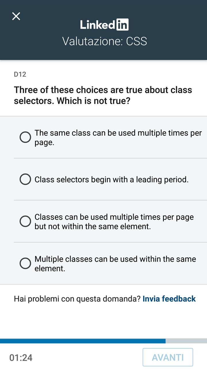 Quiz di LinkedIn - Valutazione CSS (Domanda 12)