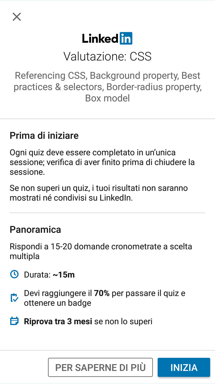 Quiz di LinkedIn - Valutazione CSS