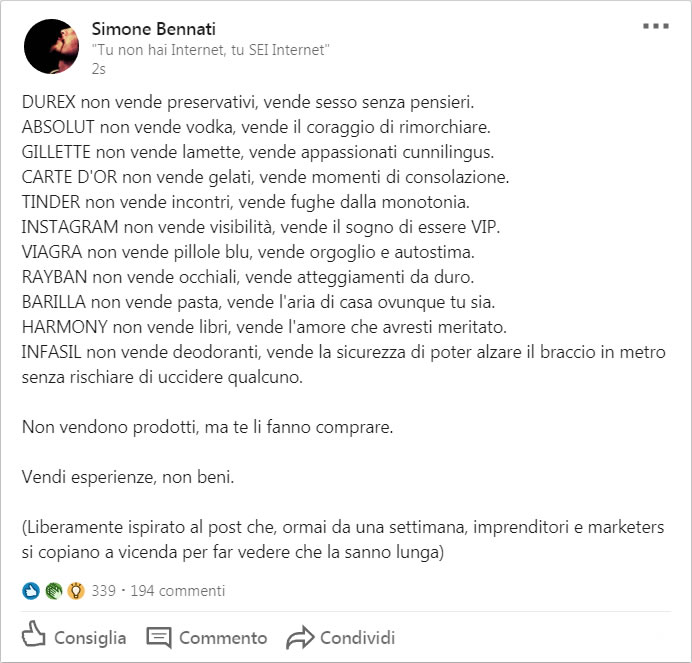 LinkedIn - Vendi esperienze, non beni (parodia)